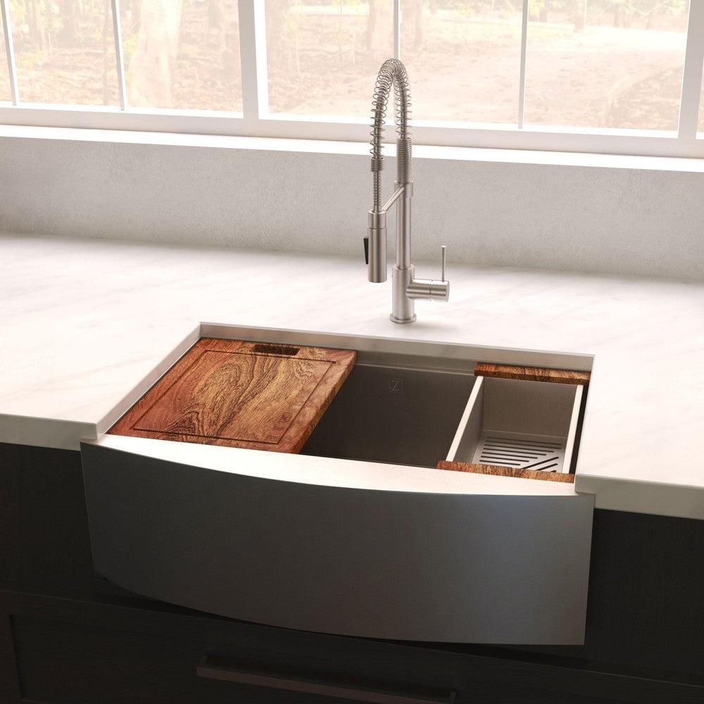 ZLINE Moritz 33 in. Farmhouse Apron Mount Single Bowl Scratch Resistant Stainless Steel Kitchen Sink with Bottom Grid and Accessories (SLSAP-33S)