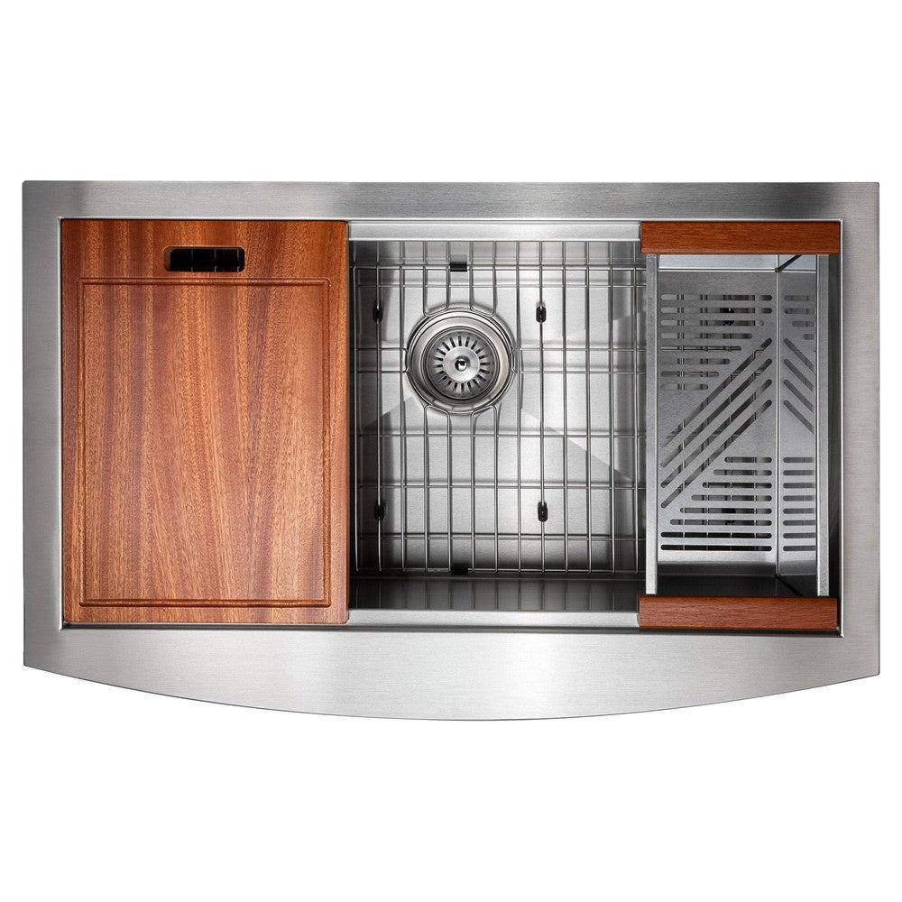 ZLINE Moritz 33 in. Farmhouse Apron Mount Single Bowl Scratch Resistant Stainless Steel Kitchen Sink with Bottom Grid and Accessories (SLSAP-33S)