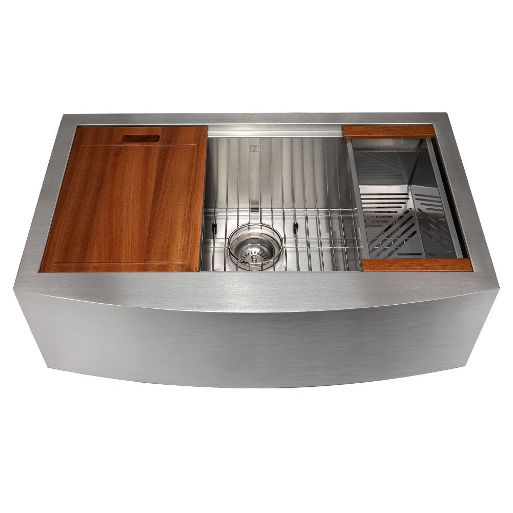 ZLINE Moritz 33 in. Farmhouse Apron Mount Single Bowl Scratch Resistant Stainless Steel Kitchen Sink with Bottom Grid and Accessories (SLSAP-33S)