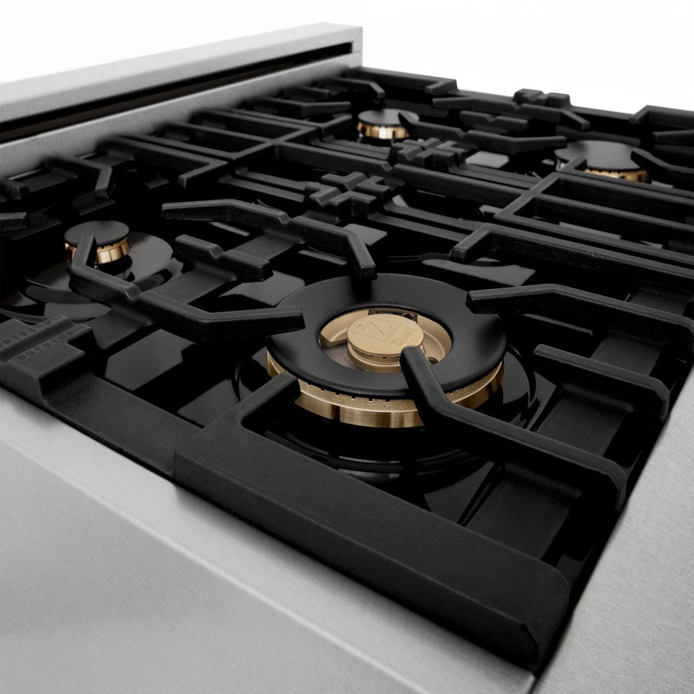 ZLINE Autograph Edition 30 in. 4.0 cu. ft. Legacy Dual Fuel Range with 4 Burner Gas Cooktop and Electric Convection Oven in DuraSnow® Stainless Steel with White Matte Door and Polished Gold Accents (RASZ-WM-30-G)