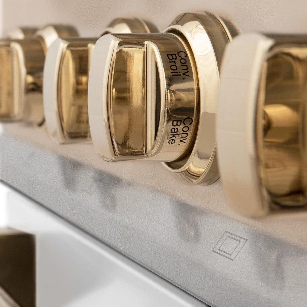 ZLINE Autograph Edition 30 in. 4.0 cu. ft. Legacy Dual Fuel Range with 4 Burner Gas Cooktop and Electric Convection Oven in DuraSnow® Stainless Steel with White Matte Door and Polished Gold Accents (RASZ-WM-30-G)