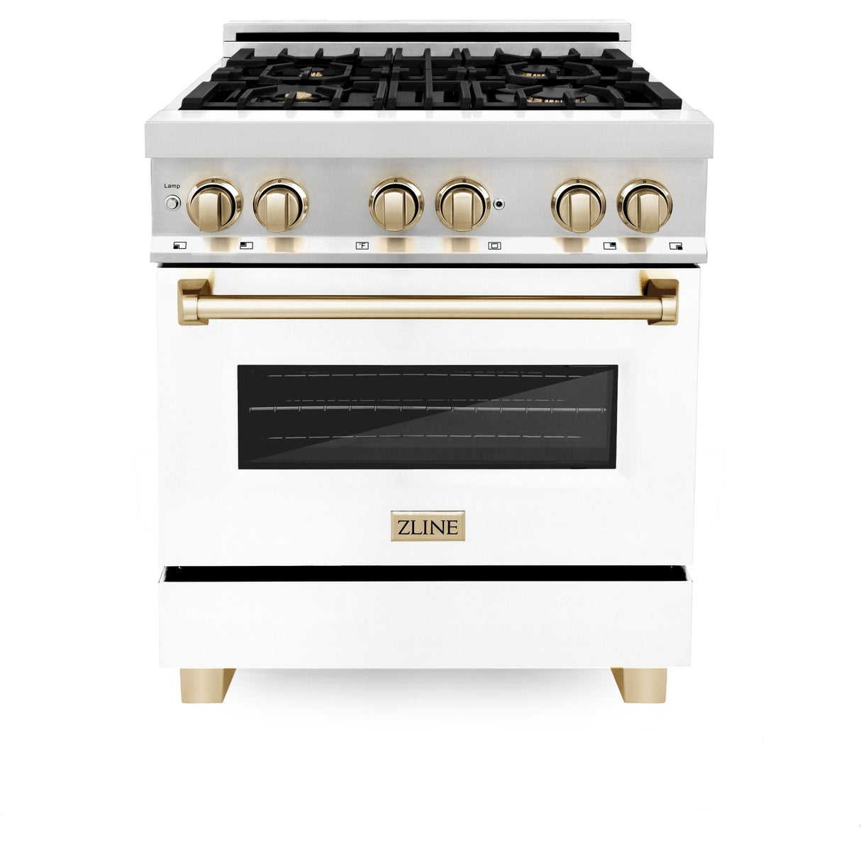 ZLINE Autograph Edition 30 in. 4.0 cu. ft. Legacy Dual Fuel Range with 4 Burner Gas Cooktop and Electric Convection Oven in Stainless Steel with White Matte Door and Polished Gold Accents (RAZ-WM-30-G)