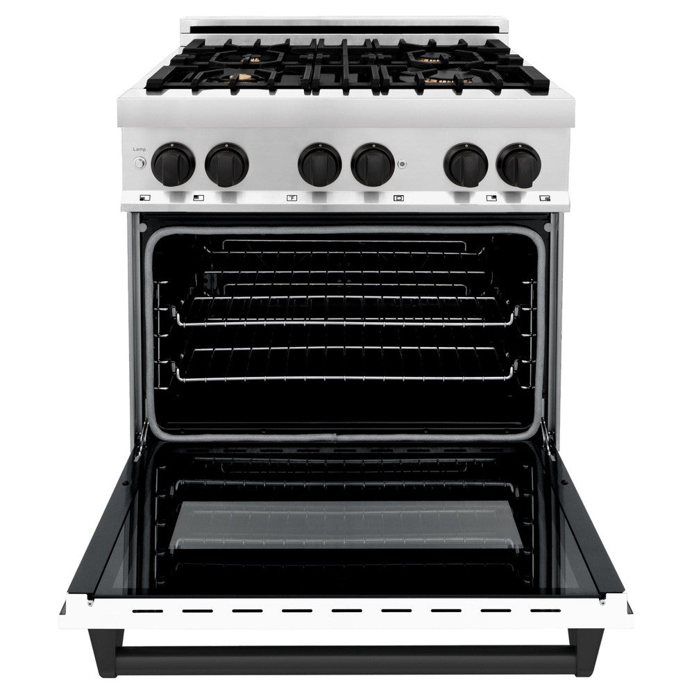 ZLINE Autograph Edition 30 in. 4.0 cu. ft. Legacy Dual Fuel Range with 4 Burner Gas Cooktop and Electric Convection Oven in Stainless Steel with White Matte Door and Matte Black Accents (RAZ-WM-30-MB)
