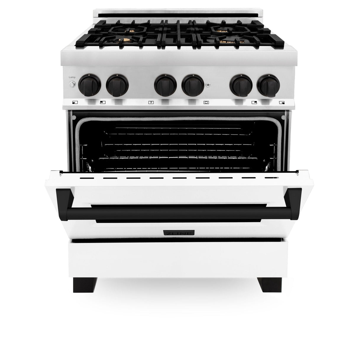 ZLINE Autograph Edition 30 in. 4.0 cu. ft. Legacy Dual Fuel Range with 4 Burner Gas Cooktop and Electric Convection Oven in Stainless Steel with White Matte Door and Matte Black Accents (RAZ-WM-30-MB)