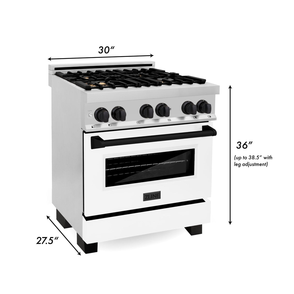 ZLINE Autograph Edition 30 in. 4.0 cu. ft. Legacy Dual Fuel Range with 4 Burner Gas Cooktop and Electric Convection Oven in Stainless Steel with White Matte Door and Matte Black Accents (RAZ-WM-30-MB)