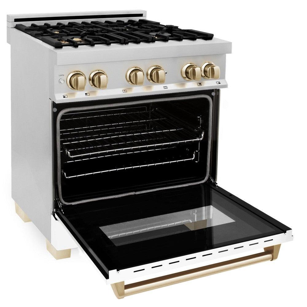 ZLINE Autograph Edition 30 in. 4.0 cu. ft. Legacy Dual Fuel Range with 4 Burner Gas Cooktop and Electric Convection Oven in Stainless Steel with White Matte Door and Polished Gold Accents (RAZ-WM-30-G)