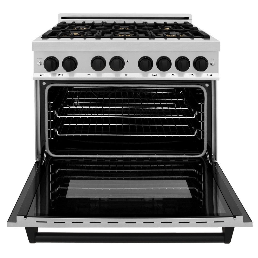 ZLINE Autograph Edition 36 in. 4.6 cu. ft. Legacy Dual Fuel Range with 6 Burner Gas Cooktop and Electric Convection Oven in Stainless Steel and Matte Black Accents (RAZ-36-MB)