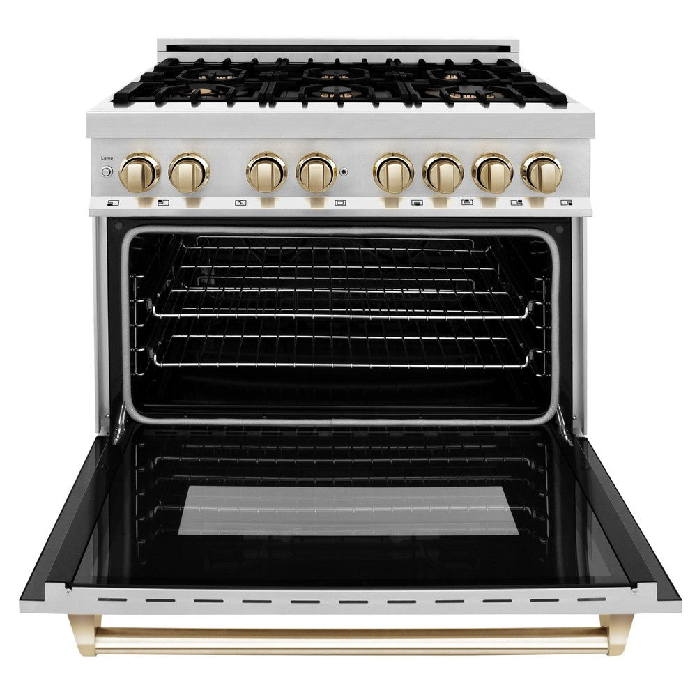 ZLINE Autograph Edition 36 in. 4.6 cu. ft. Legacy Dual Fuel Range with 6 Burner Gas Cooktop and Electric Convection Oven in Stainless Steel and Polished Gold Accents (RAZ-36-G)
