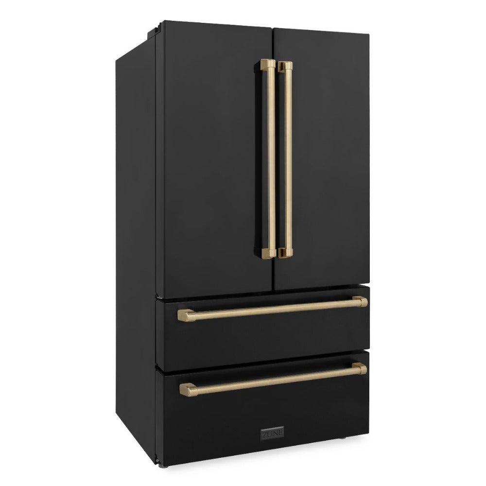 ZLINE Autograph Edition 36 in. 22.5 cu. ft. Counter-Depth French Door Refrigerator with Ice Maker in Fingerprint-Resistant Black Stainless Steel and Champagne Bronze Traditional Handles (RFMZ-36-BS-CB)