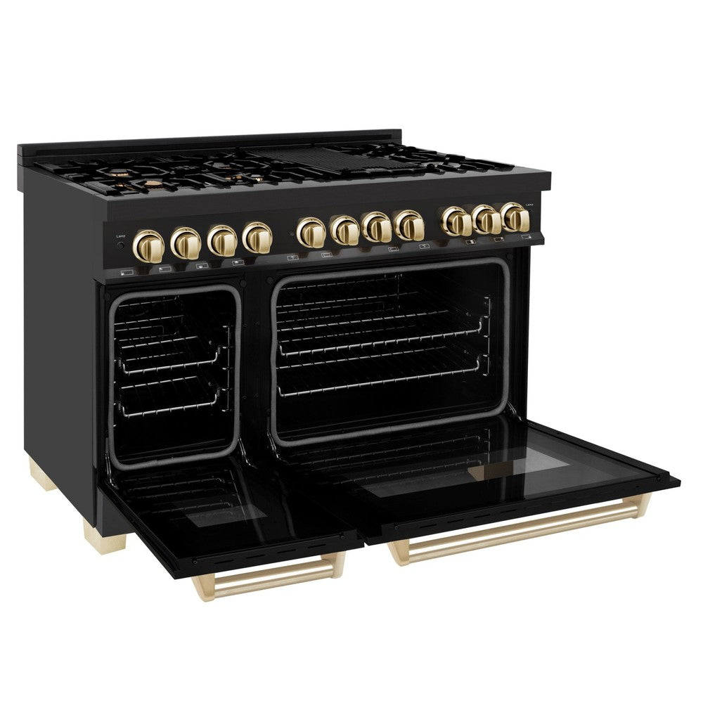 ZLINE Autograph Edition 48 in. 6.0 cu. ft. Dual Fuel Range with Gas Stove and Electric Oven in Black Stainless Steel with Polished Gold Accents (RABZ-48-G)