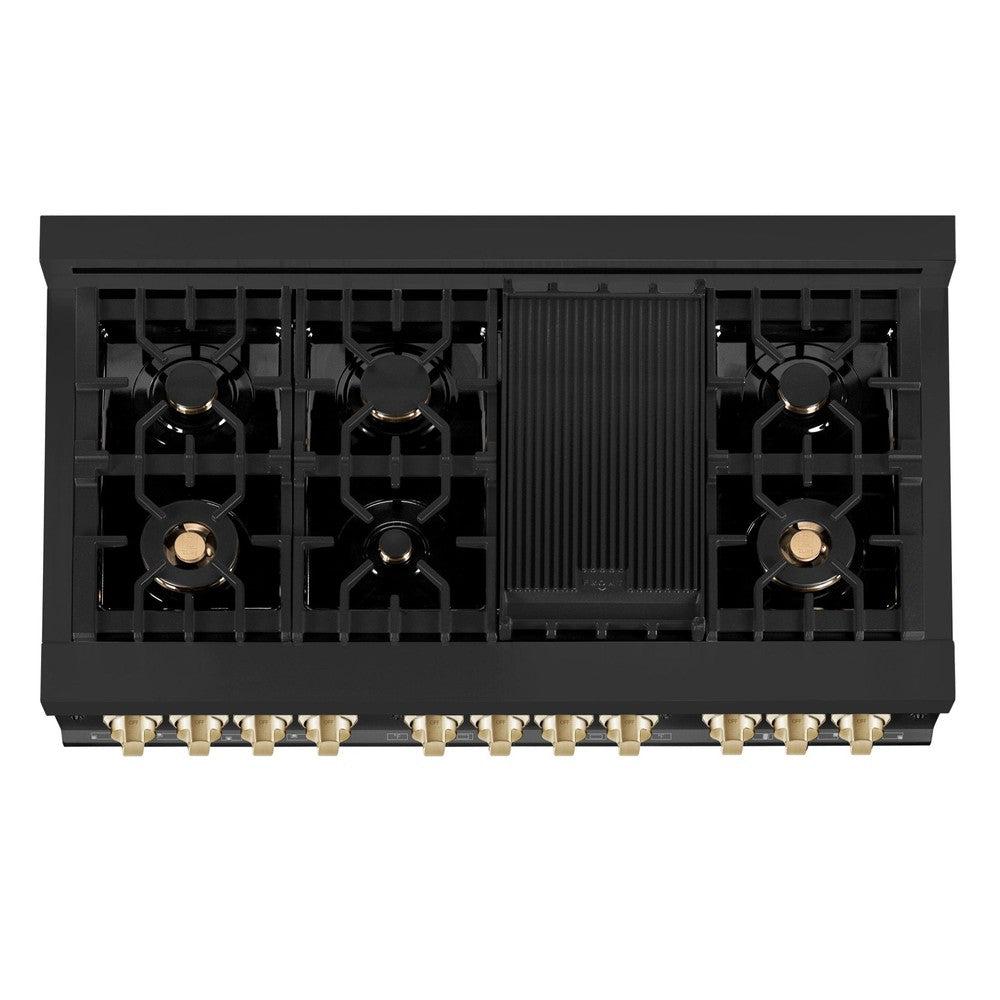 ZLINE Autograph Edition 48 in. 6.0 cu. ft. Legacy Dual Fuel Range with 7 Burner Gas Cooktop and 2 Electric Ovens in Black Stainless Steel and Polished Gold Accents (RABZ-48-G)