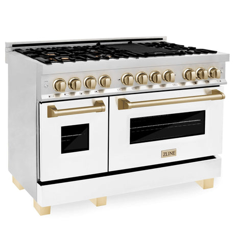 ZLINE Autograph Edition 48 in. 6.0 cu. ft. Dual Fuel Range with Gas Stove and Electric Oven in Stainless Steel with White Matte Door and Polished Gold Accents (RAZ-WM-48-G)