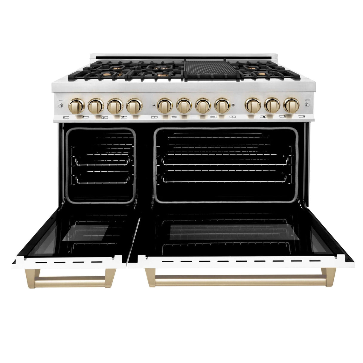 ZLINE Autograph Edition 48 in. 6.0 cu. ft. Legacy Dual Fuel Range with 7 Burner Gas Cooktop and 2 Electric Ovens in Stainless Steel with White Matte Doors and Polished Gold Accents (RAZ-WM-48-G)