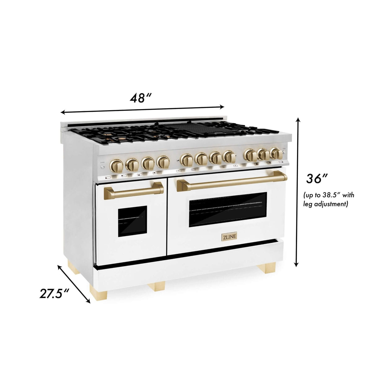 ZLINE Autograph Edition 48 in. 6.0 cu. ft. Legacy Dual Fuel Range with 7 Burner Gas Cooktop and 2 Electric Ovens in Stainless Steel with White Matte Doors and Polished Gold Accents (RAZ-WM-48-G)
