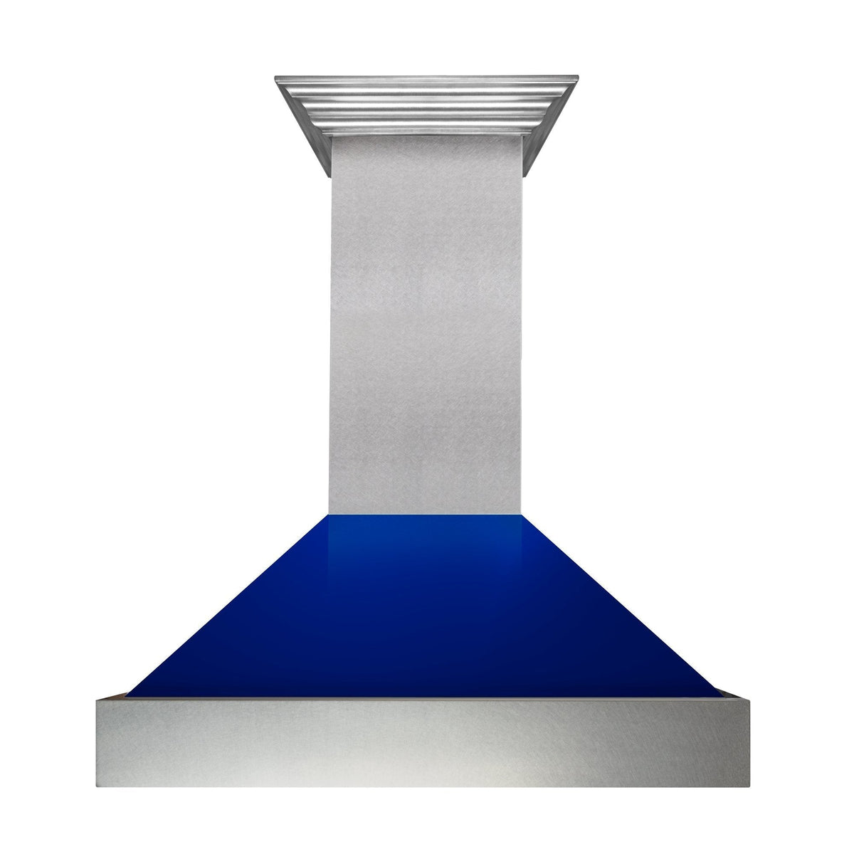 ZLINE Ducted Fingerprint Resistant Satin Stainless Steel Range Hood with Blue Gloss Shell (8654BG) front.