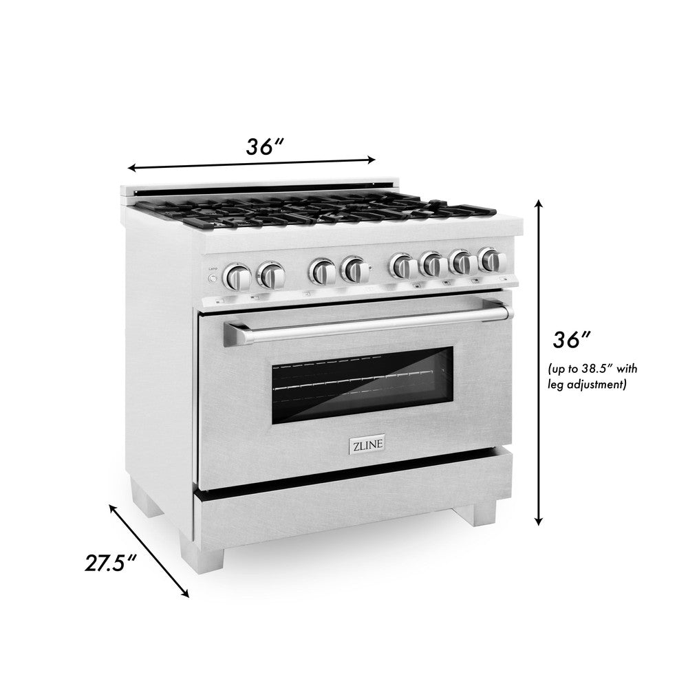 ZLINE 36 in. Kitchen Package with Fingerprint Resistant Stainless Steel Dual Fuel Range, Ducted Vent Range Hood and Dishwasher (3KP-RASRH36-DW)