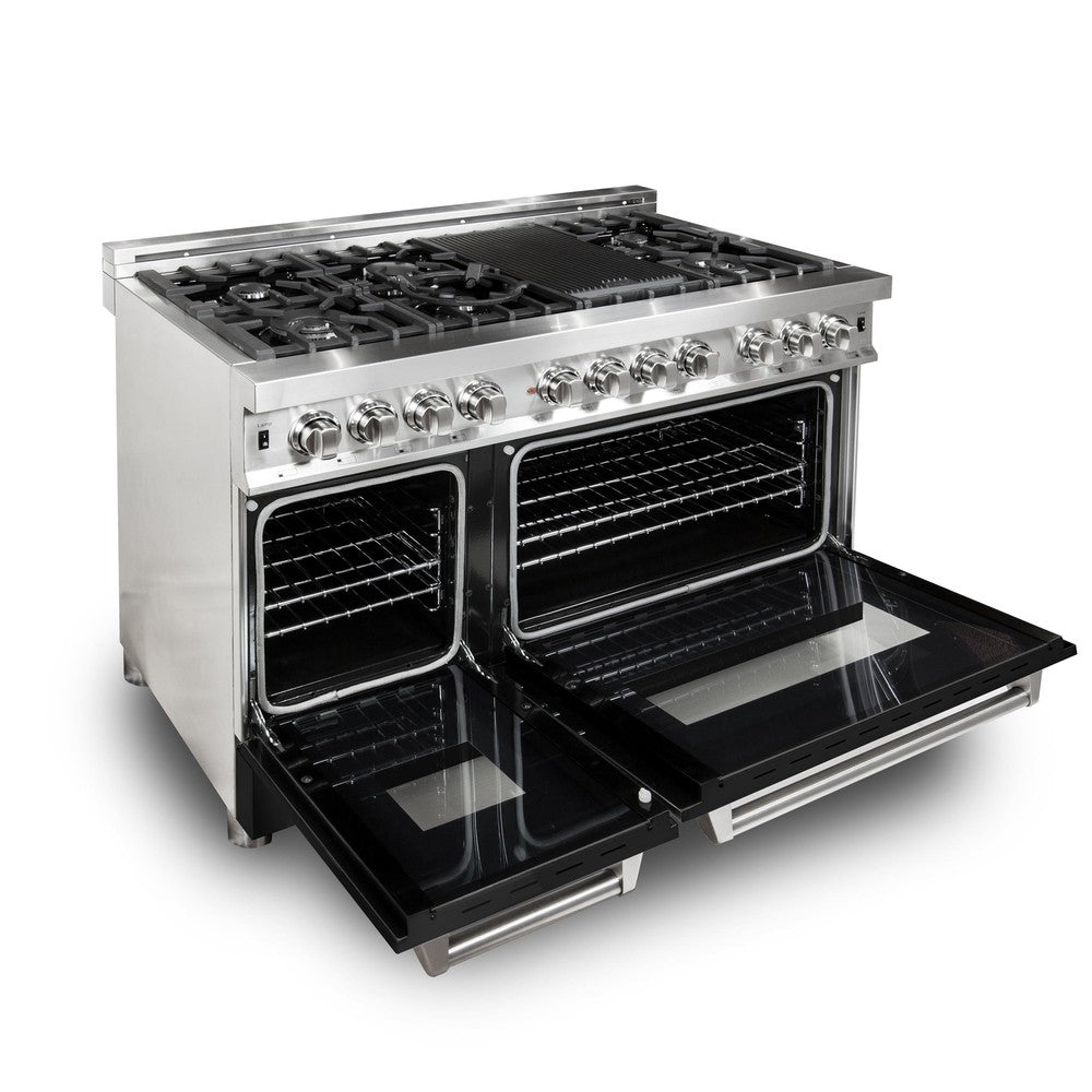 ZLINE 48 in. 6.0 cu. ft. Legacy Dual Fuel Range with 7 Burner Gas Cooktop and 2 Electric Ovens in Stainless Steel and Black Matte Doors (RA-BLM-48)