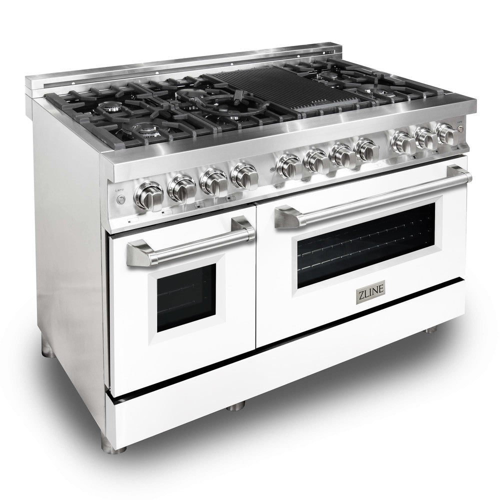 ZLINE 48 in. 6.0 cu. ft. Legacy Dual Fuel Range with 7 Burner Gas Cooktop and 2 Electric Ovens in Stainless Steel and White Matte Doors (RA-WM-48)