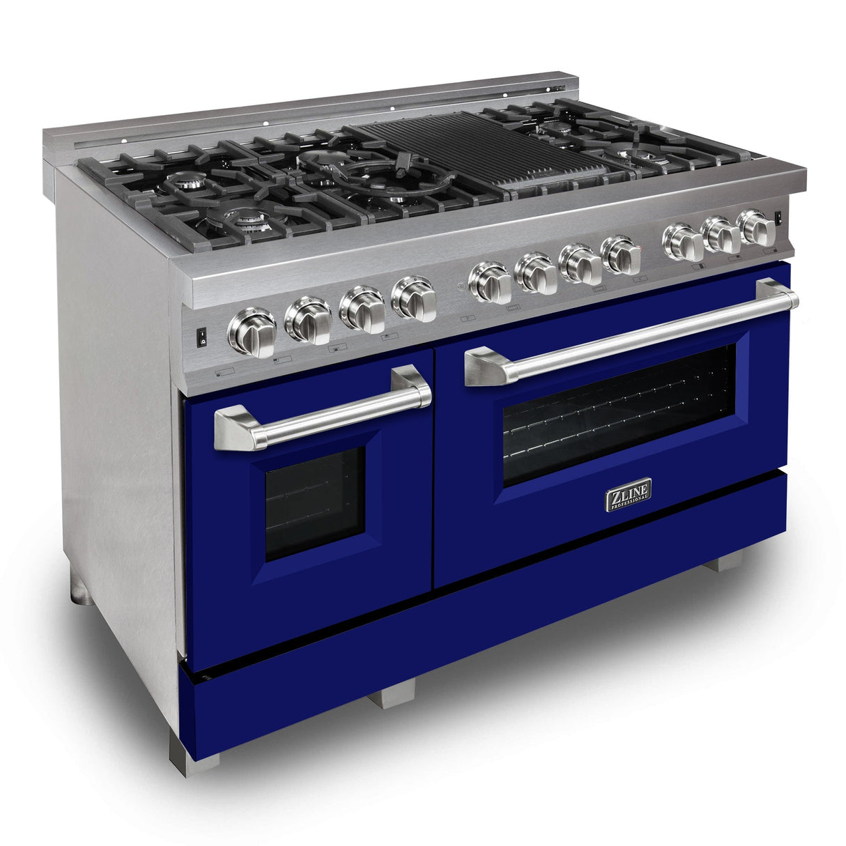 ZLINE 48 in. 6.0 cu. ft. Dual Fuel Range with Gas Stove and Electric Oven in Fingerprint Resistant Stainless Steel and Blue Matte Doors (RAS-BM-48)