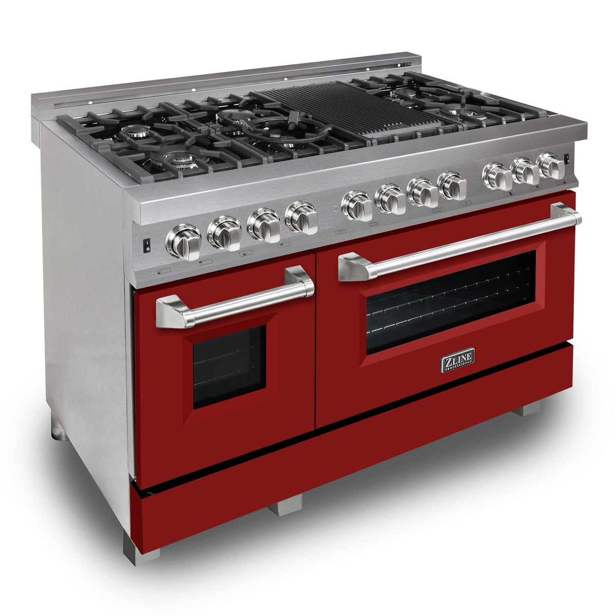ZLINE 48 in. Kitchen Package with DuraSnow® Stainless Steel Dual Fuel Range with Red Matte Doors and Convertible Vent Range Hood (2KP-RASRMRH48)