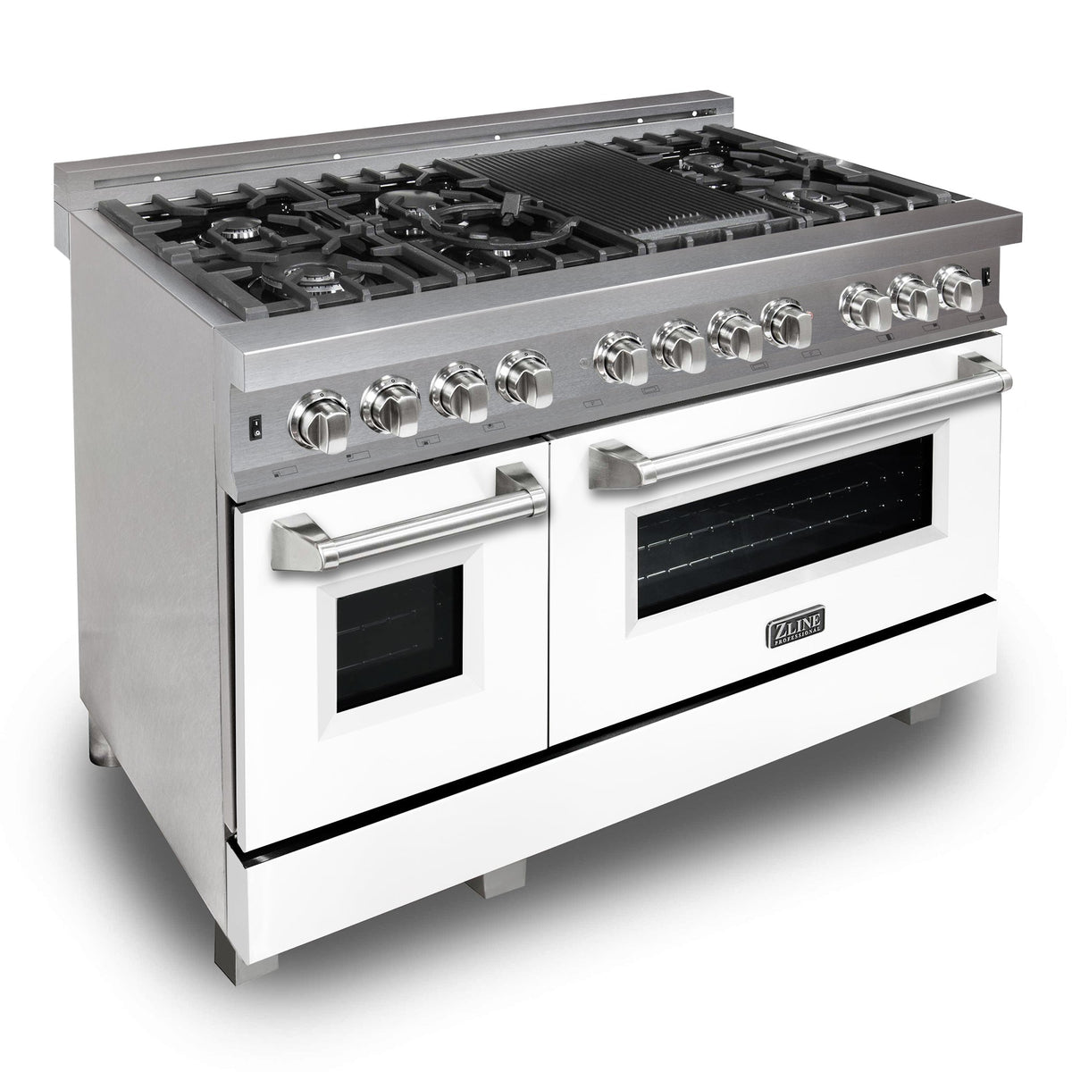 ZLINE 48 in. Kitchen Package with DuraSnow® Stainless Steel Dual Fuel Range with White Matte Doors and Convertible Vent Range Hood (2KP-RASWMRH48)