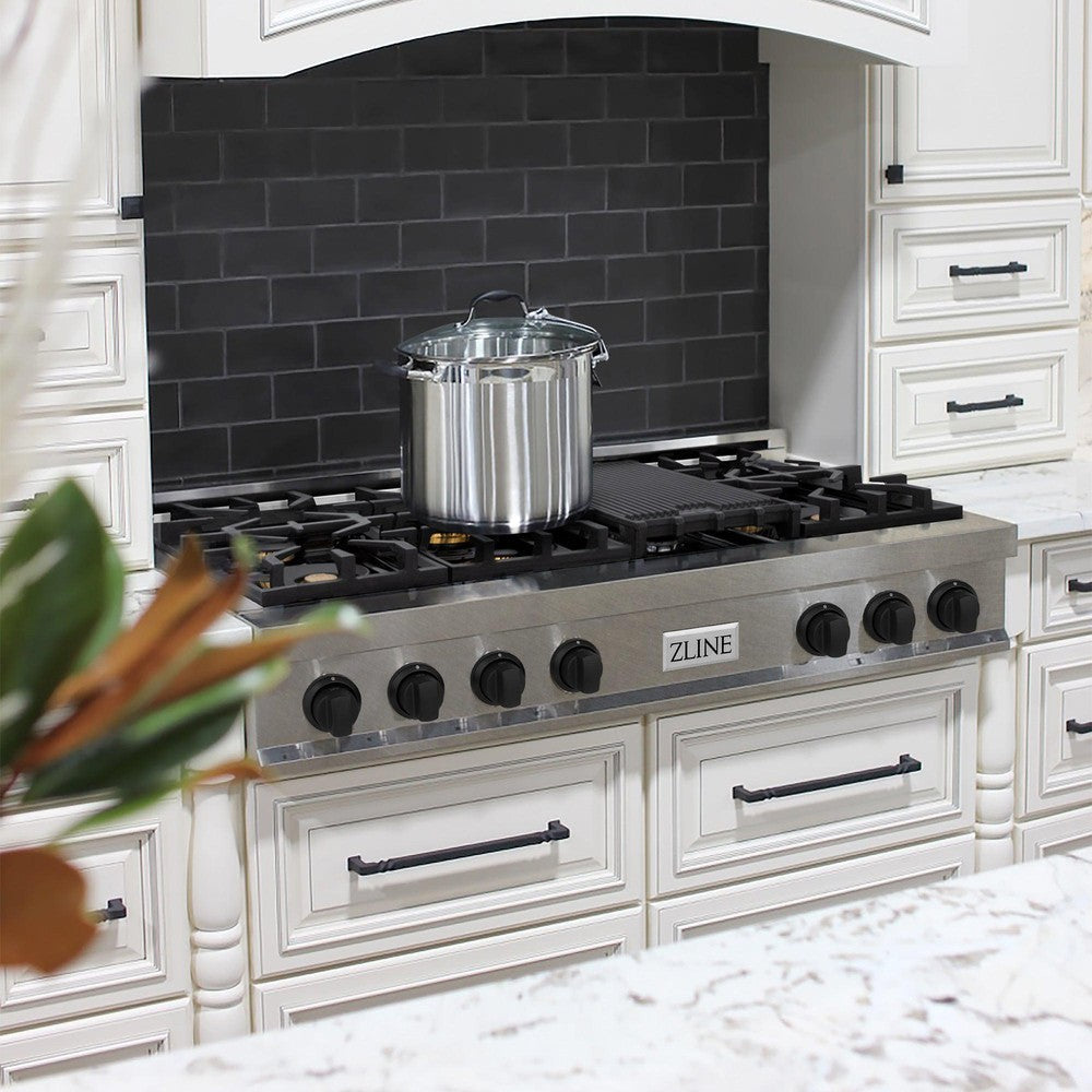 ZLINE Autograph Edition 48 in. Porcelain Rangetop with 7 Gas Burners in DuraSnow® Stainless Steel and Matte Black Accents (RTSZ-48-MB)