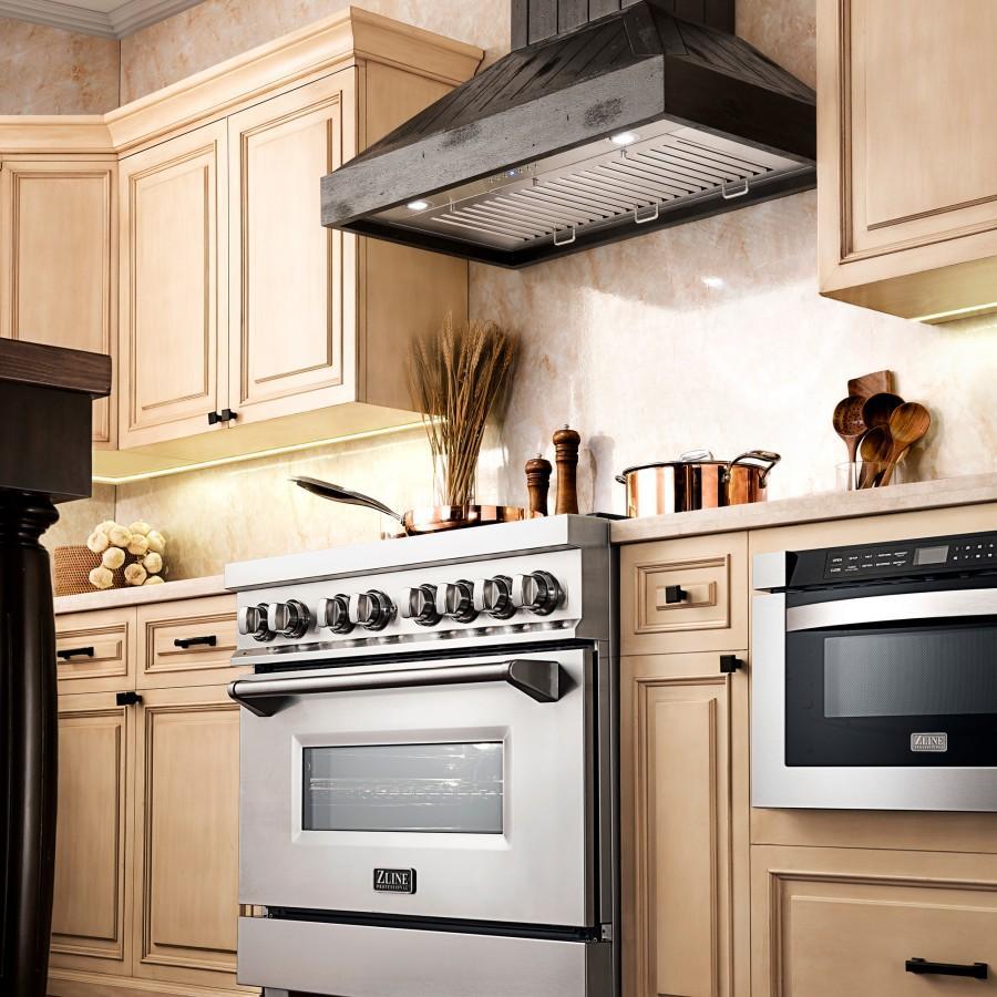 ZLINE Wooden Wall Mount Range Hood In Rustic Dark Finish (KPDD)