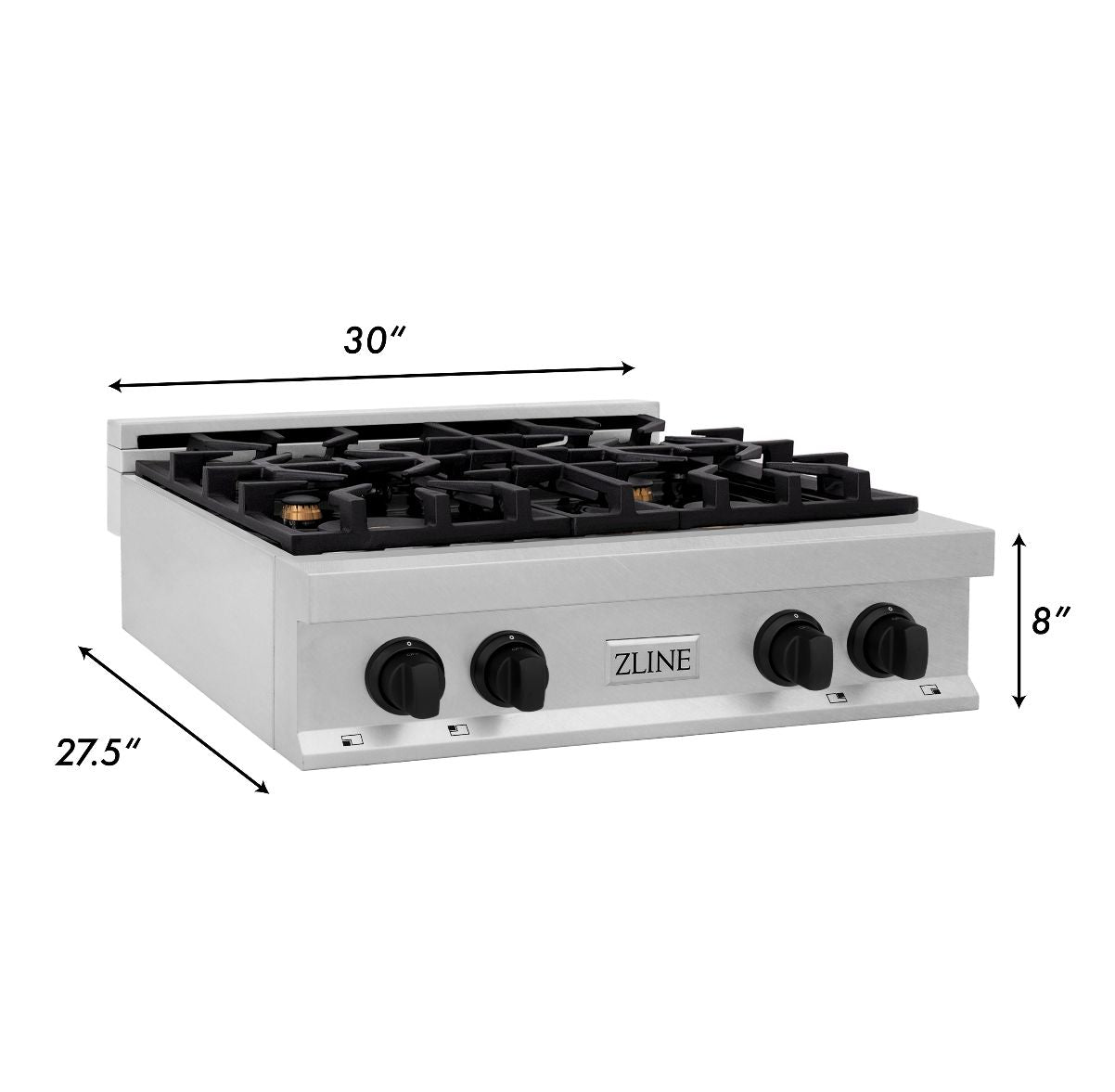 ZLINE Autograph Edition 30 in. Porcelain Rangetop with 4 Gas Burners in DuraSnow® Stainless Steel with Matte Black Accents (RTSZ-30-MB)