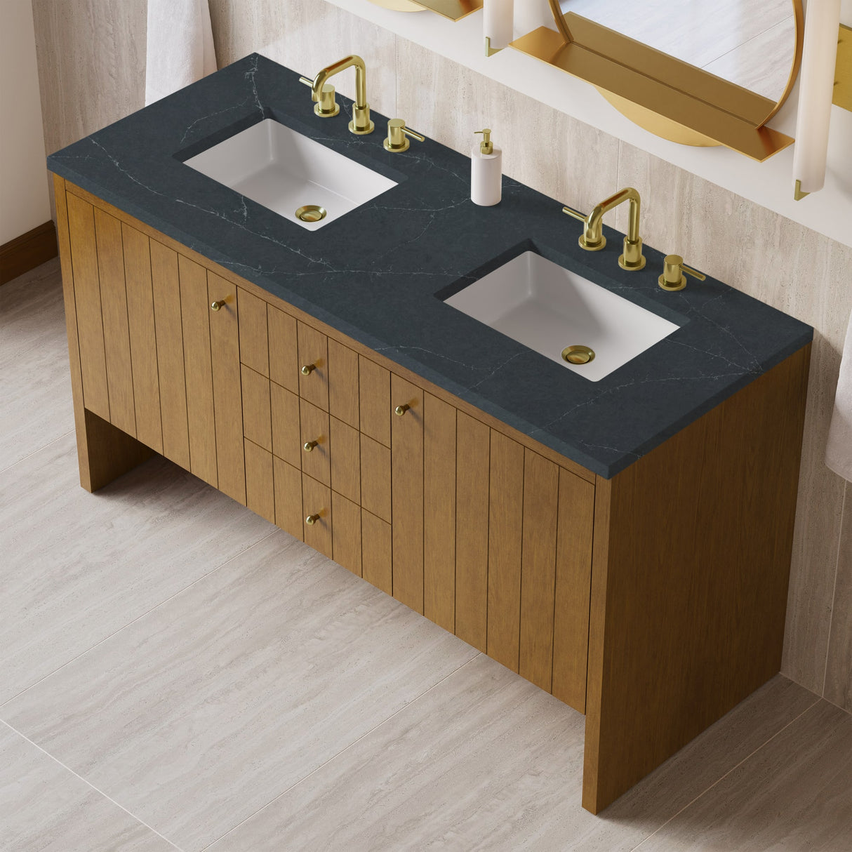 Hudson 60" Double Vanity, Honey Oak w/ 3 CM Charcoal Soapstone Silestone Top
