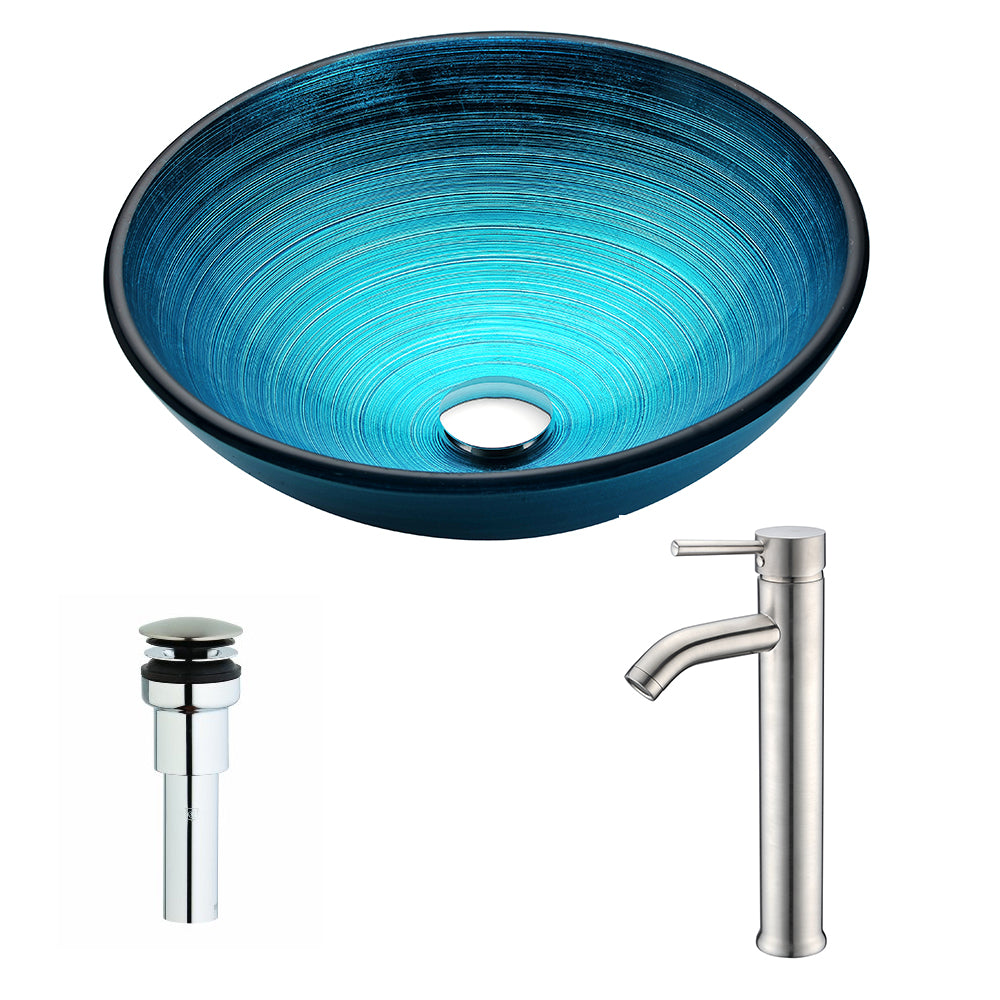 ANZZI LSAZ045-040 Enti Series Deco-Glass Vessel Sink in Lustrous Blue with Fann Faucet in Brushed Nickel