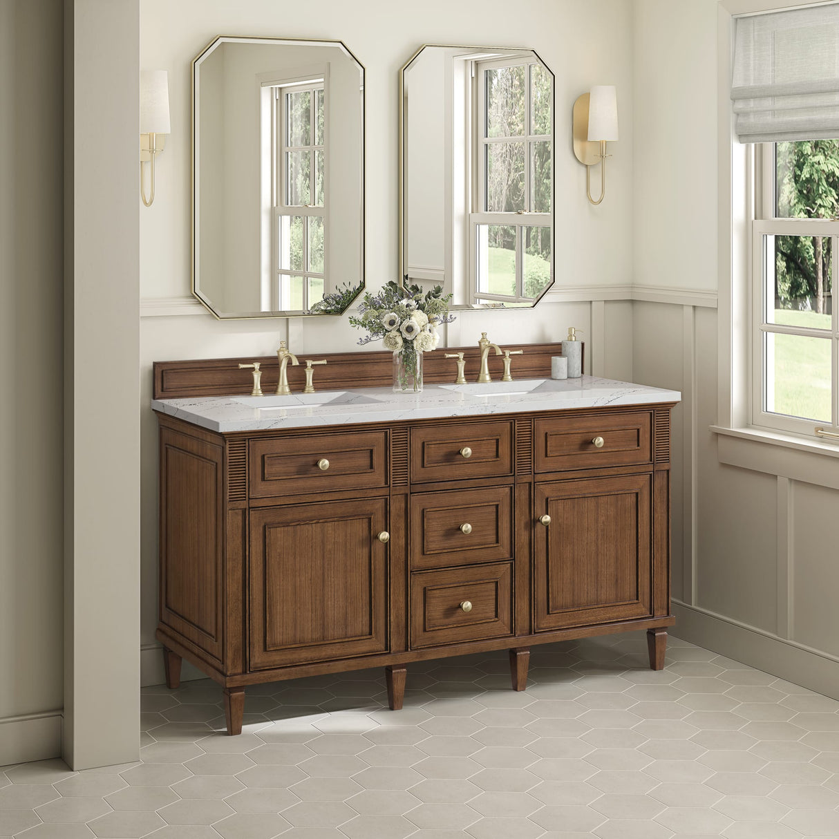 Lorelai 60" Double Vanity, Mid-Century Walnut w/ 3 CM Ethereal Noctis Silestone Top