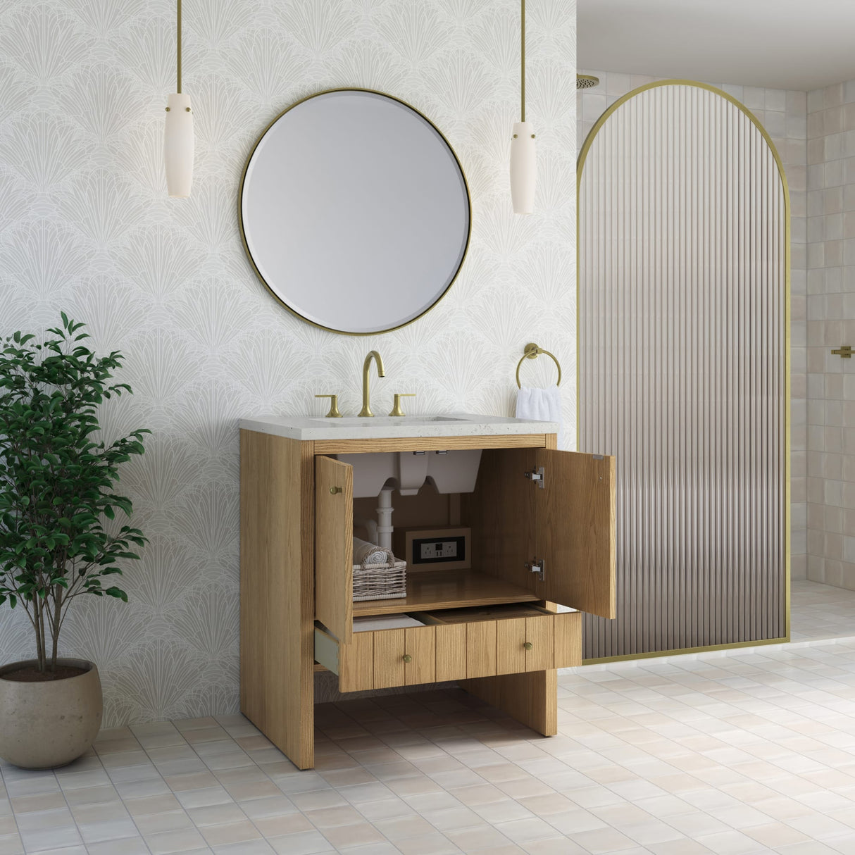 Hudson 30" Single Vanity, Light Natural Oak w/ 3 CM Lime Delight Silestone Top