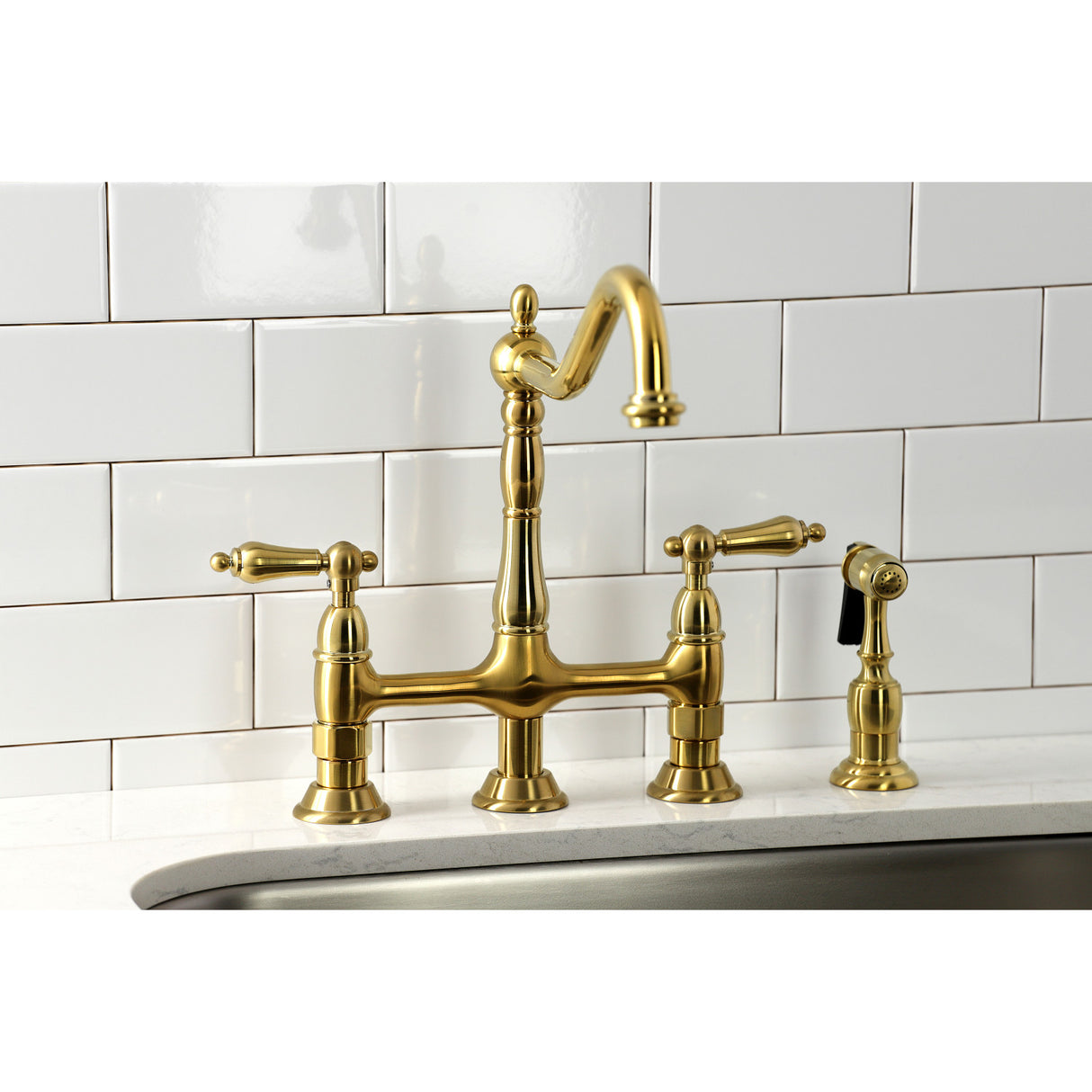 Kingston Brass KS1277ALBS Heritage Bridge Kitchen Faucet with Brass Sprayer, Brushed Brass