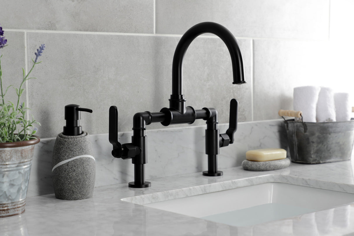 Kingston Brass KS2170KL Whitaker Industrial Style Bridge Bathroom Faucet with Pop-Up Drain, Matte Black