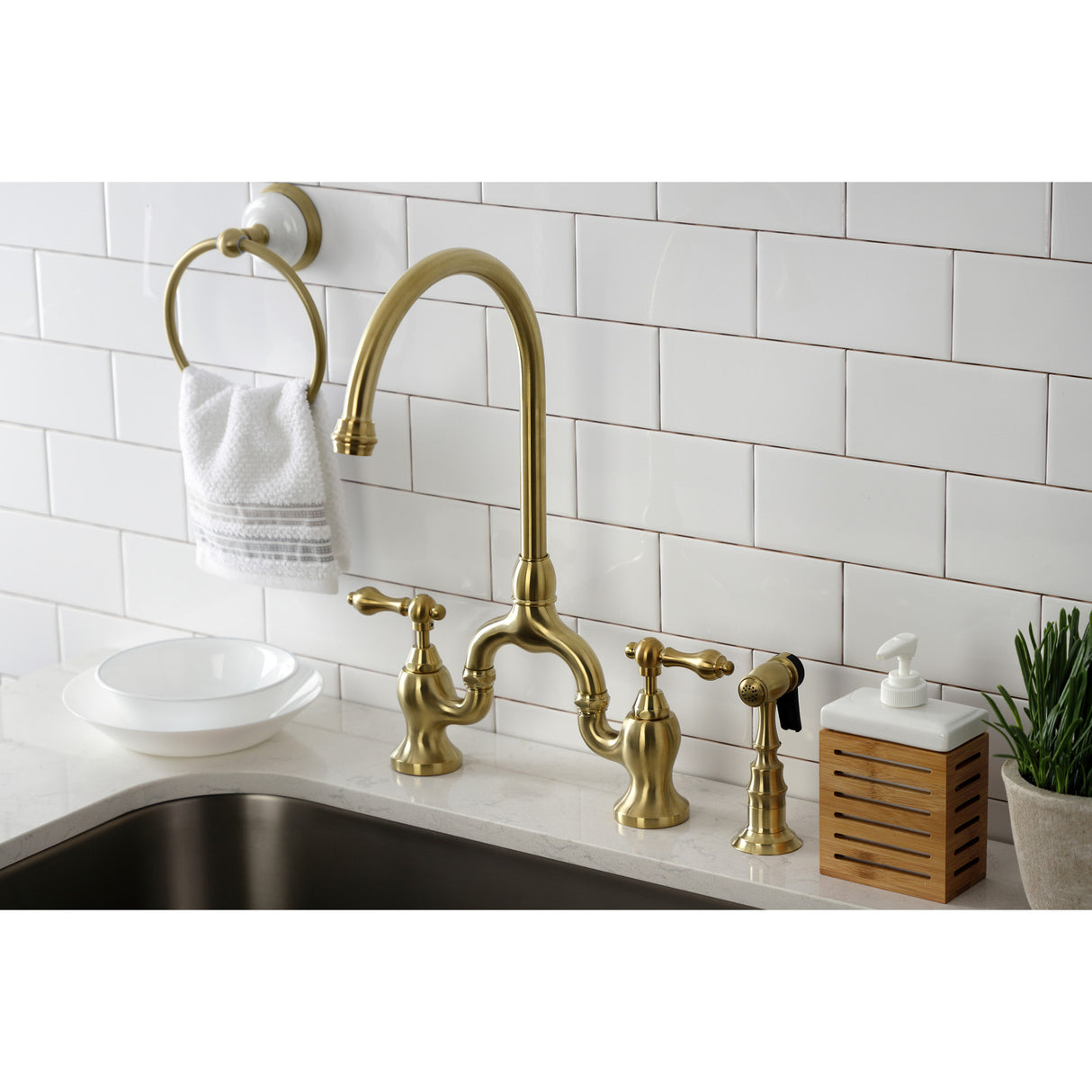 Kingston Brass KS7797ALBS English Country Bridge Kitchen Faucet with Brass Sprayer, Brushed Brass