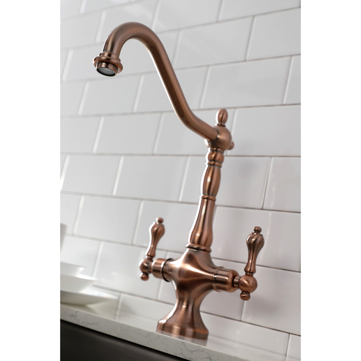 Kingston Brass KS177ALBSAC Heritage 2-Handle Kitchen Faucet with Brass Sprayer, Antique Copper
