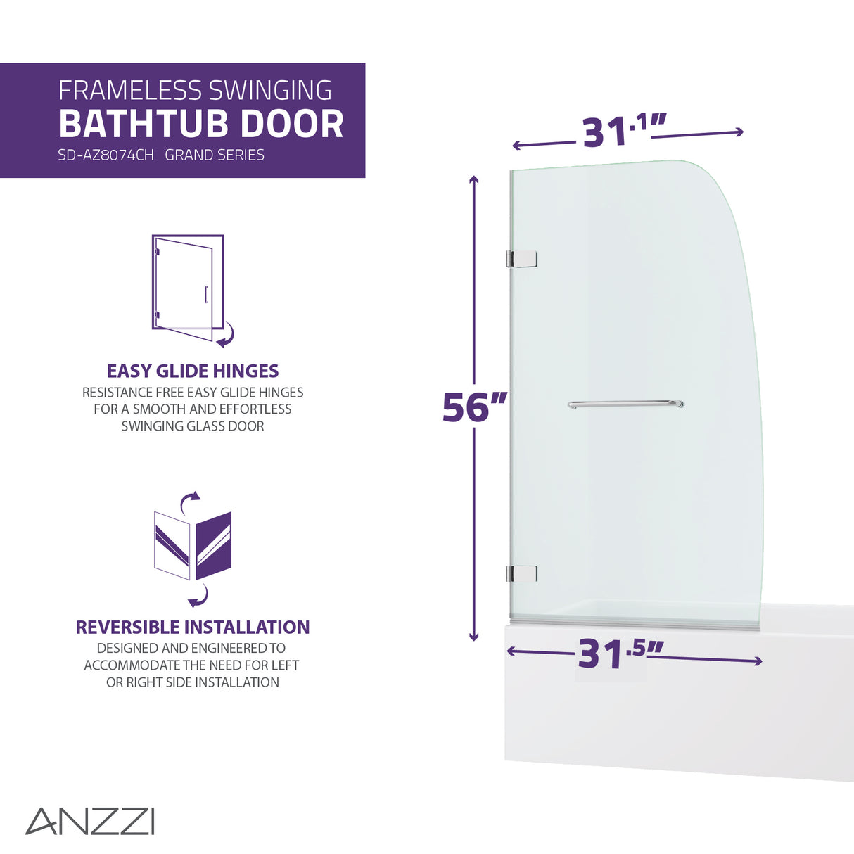 ANZZI SD-AZ8074-01CHR Series 34 in. by 56 in. Frameless Hinged Tub Door in Chrome