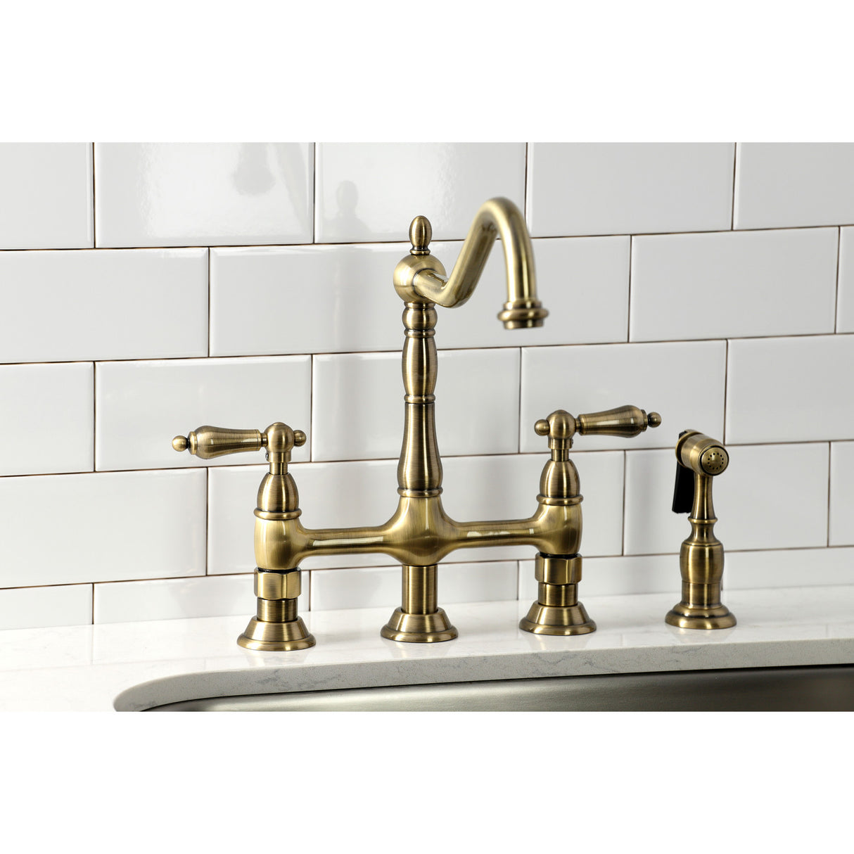 Kingston Brass KS1273ALBS Heritage Bridge Kitchen Faucet with Brass Sprayer, Antique Brass