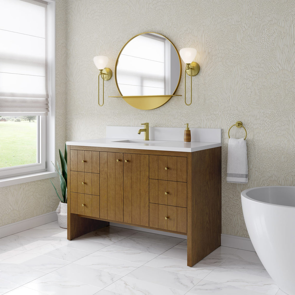 Hudson 48" Single Vanity, Honey Oak w/ Single Hole 3 CM White Zeus Silestone Top and Matching Backsplash