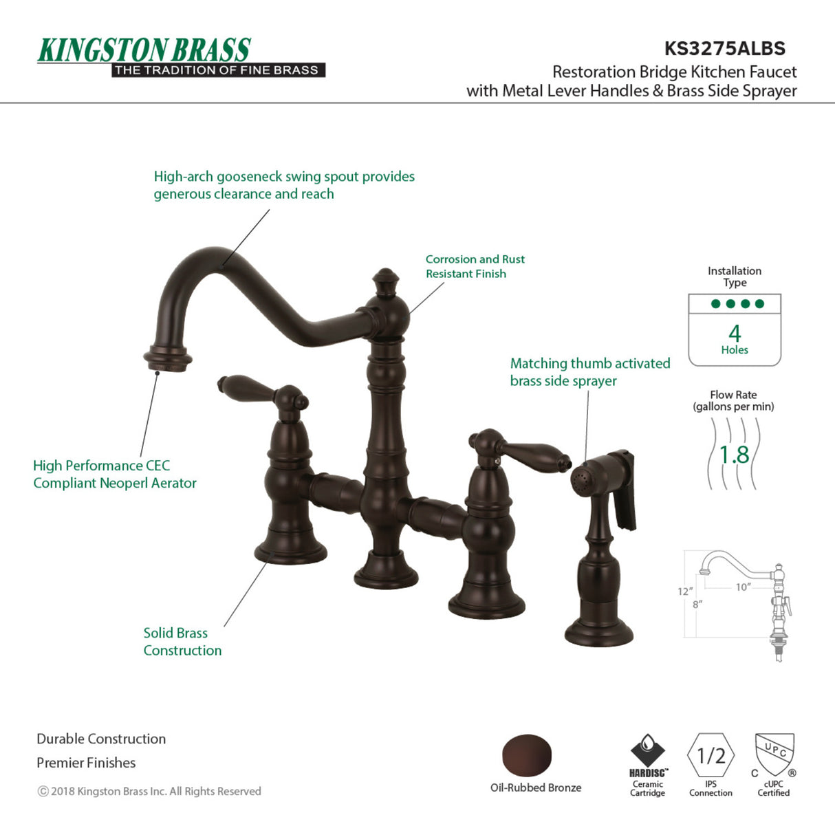 Kingston Brass KS3275ALBS Kitchen Faucet with Side Sprayer, Oil Rubbed Bronze