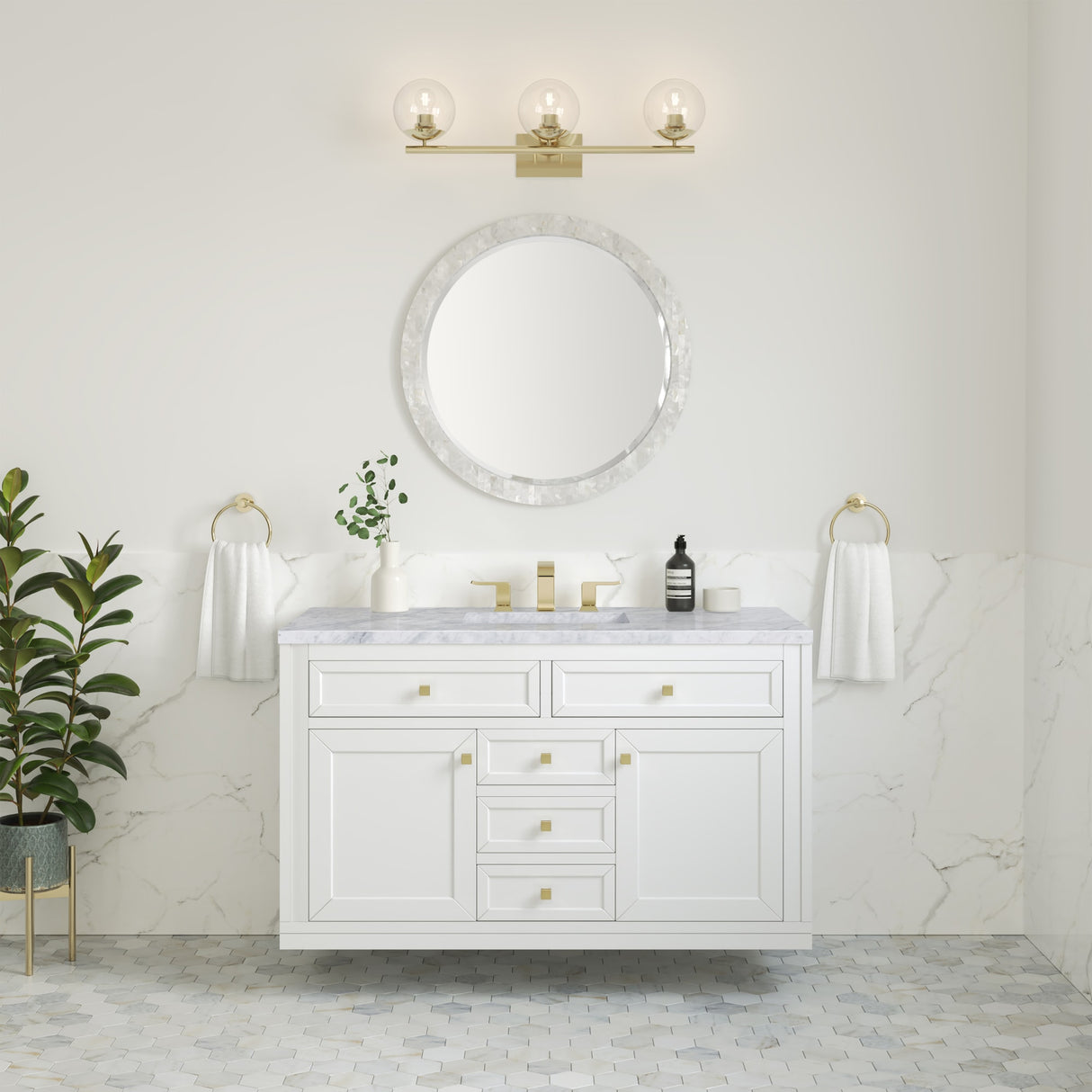 Chicago 48" Single Vanity, Glossy White, w/ 3 CM Carrara Marble Top