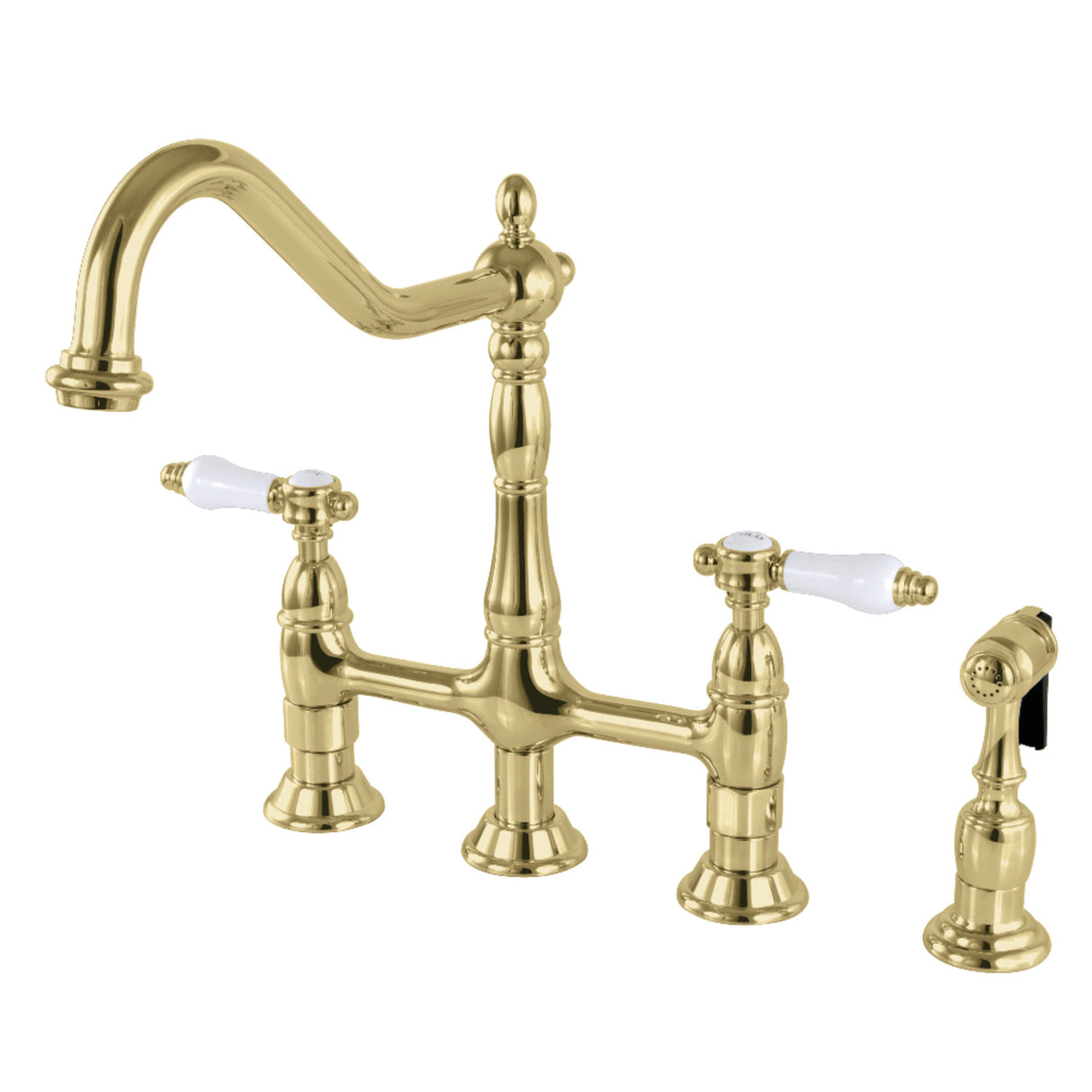 Kingston Brass KS1272BPLBS Bel-Air Bridge Kitchen Faucet with Brass Sprayer, Polished Brass