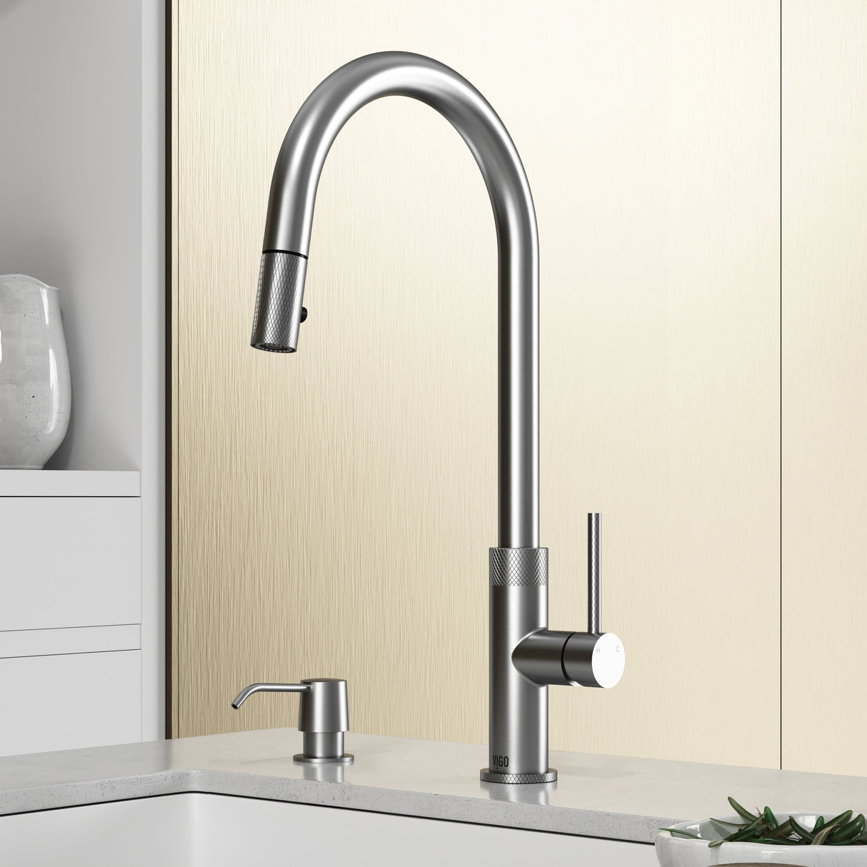 VIGO Bristol Pull-Down Kitchen Faucet with Soap Dispenser in Stainleess Steel VG02033STK2