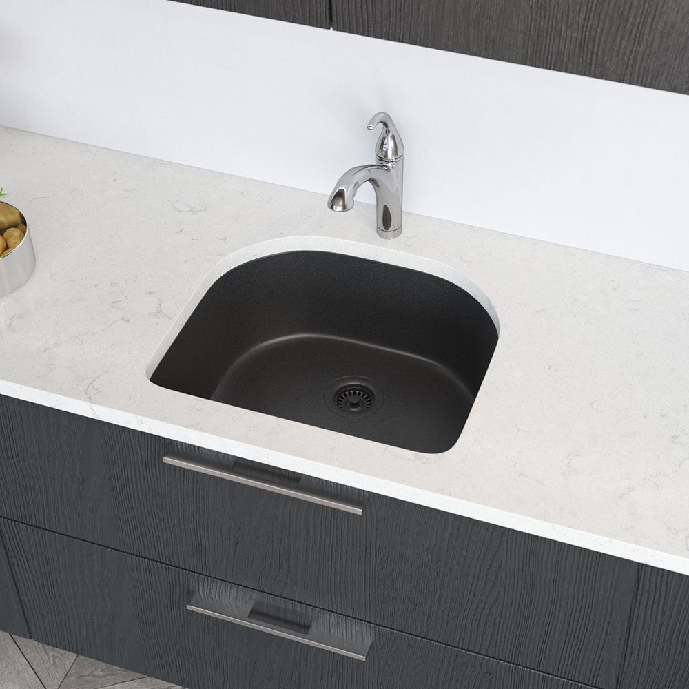 Rene R3-1005-CAR-ST-CGF Rene R3-1005-CAR-ST-CGF Carbon D-Bowl Composite Granite Kitchen Sink with Grid and Matching Colored Flange