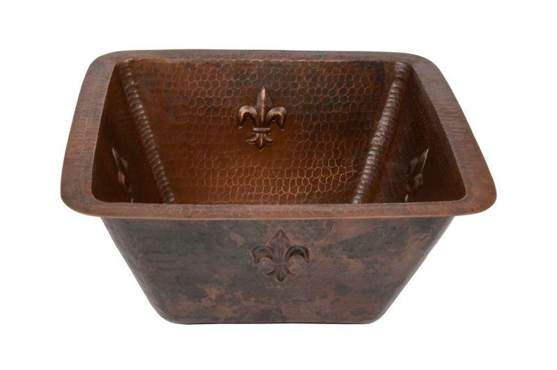 Premier Copper Products BS15FDB3 15" Square Fleur De Lis Copper Bar/Prep Sink w/ 3.5" Drain Size Oil Rubbed Bronze, Premier Copper Products, Bar Sinks, PoshHaus Keene, Premier Copper Products