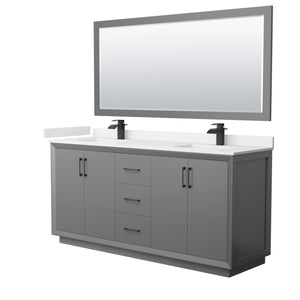 Strada 72 Inch Double Bathroom Vanity in Dark Gray White Cultured Marble Countertop Undermount Square Sink Matte Black Trim 70 Inch Mirror