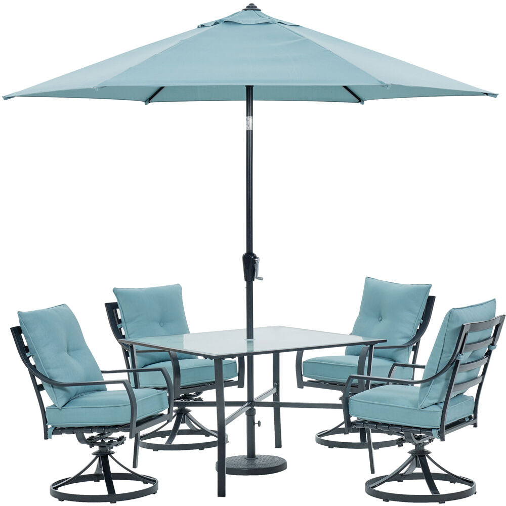 Hanover LAVDN5PCSW-BLU-SU Lavallette5pc: 4 Swivel Dining Chairs, Square Glass Tbl, Umbrella & Base