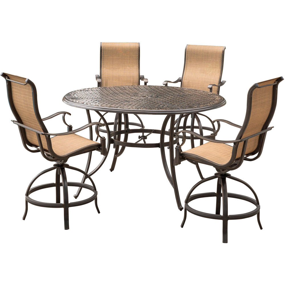 Hanover MANDN5PC-BR Manor5pc: 4 Sling Counter Height Swvl Chairs, 56" Rnd Cast Table (36"H)