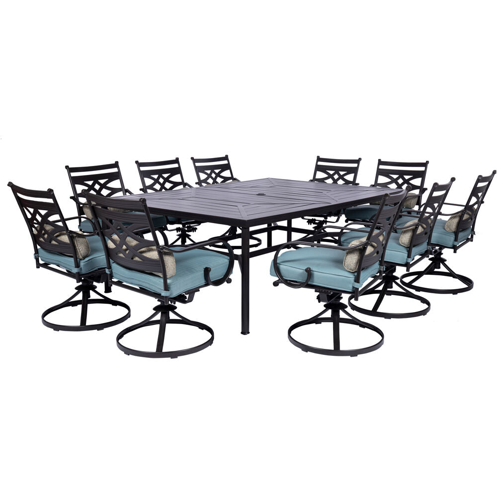 Hanover MCLRDN11PCSW10-BLU Montclair11pc: 10 Swivel Rockers, 60"x84" Rectangle Dining Table