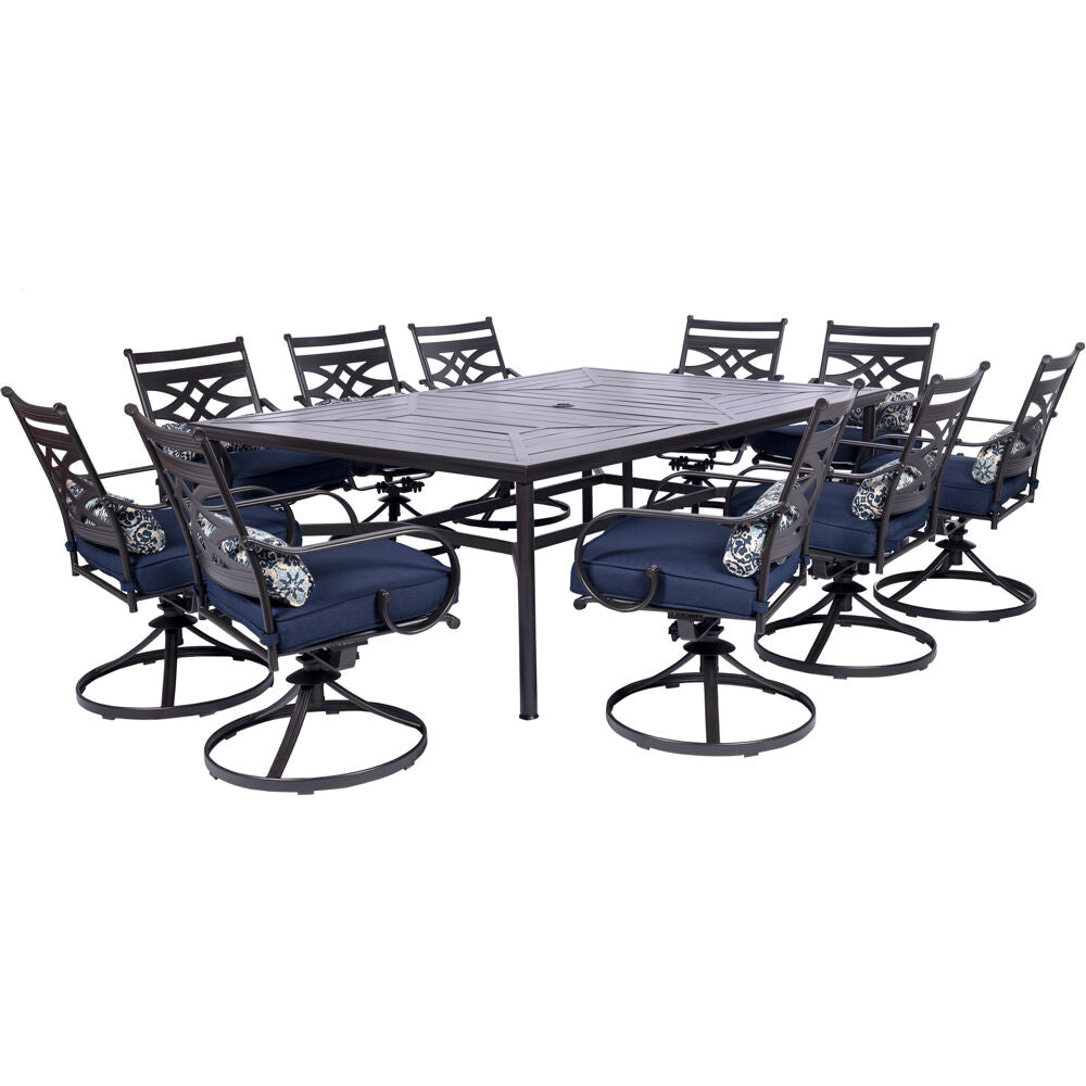 Hanover MCLRDN11PCSW10-NVY Montclair11pc: 10 Swivel Rockers, 60"x84" Rectangle Dining Table